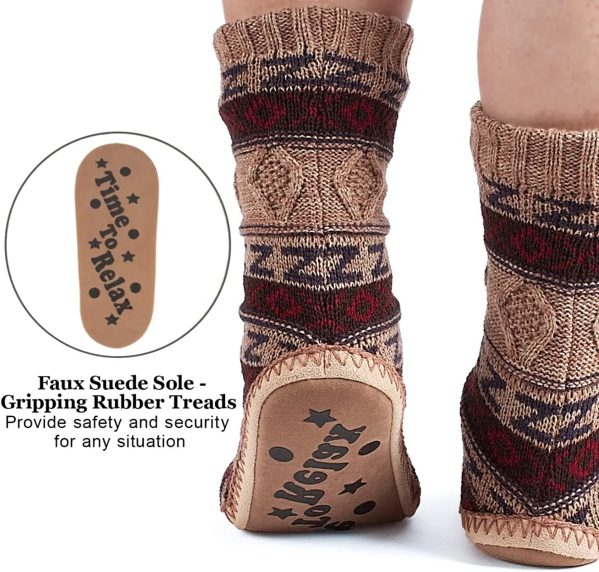 Men's Slipper Socks, Winter Cable Knit Non-Skid Warm Slipper Socks, Cozy Soft Indoor Socks with Fluffy Sherpa Lined