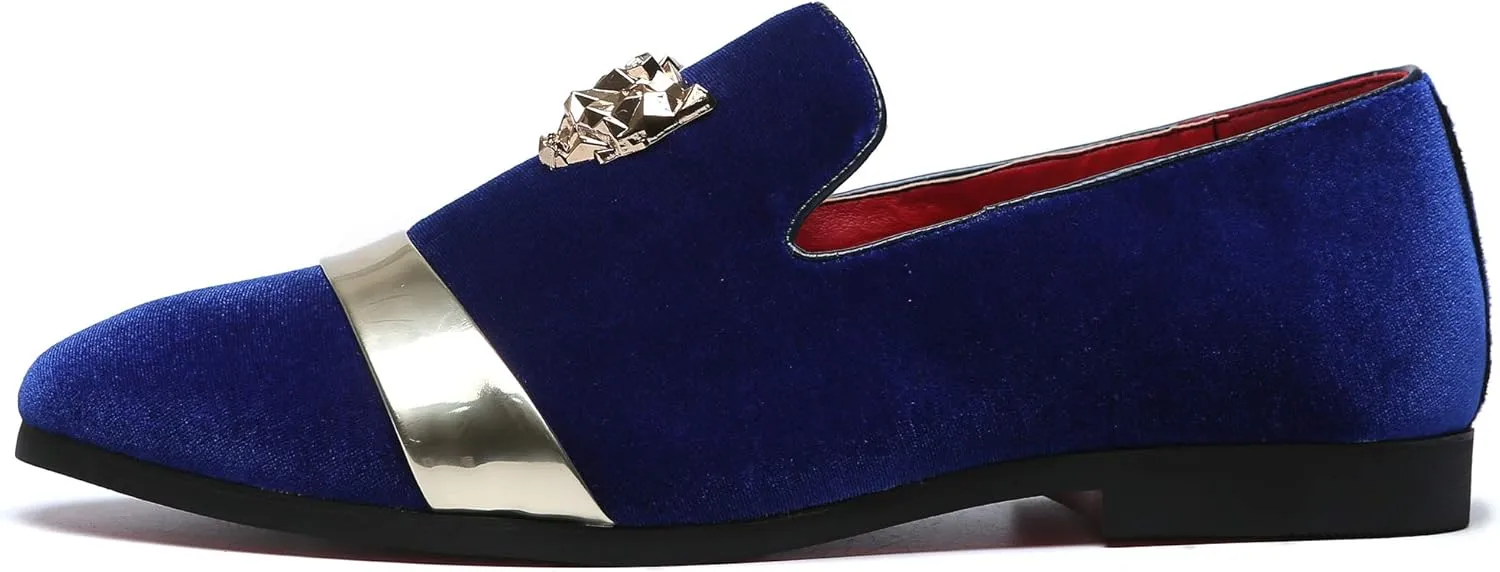Mens Velvet Loafers Slippers with Gold Buckle Wedding Dress Shoes Slip-on Smoking Flats Black Blue Red
