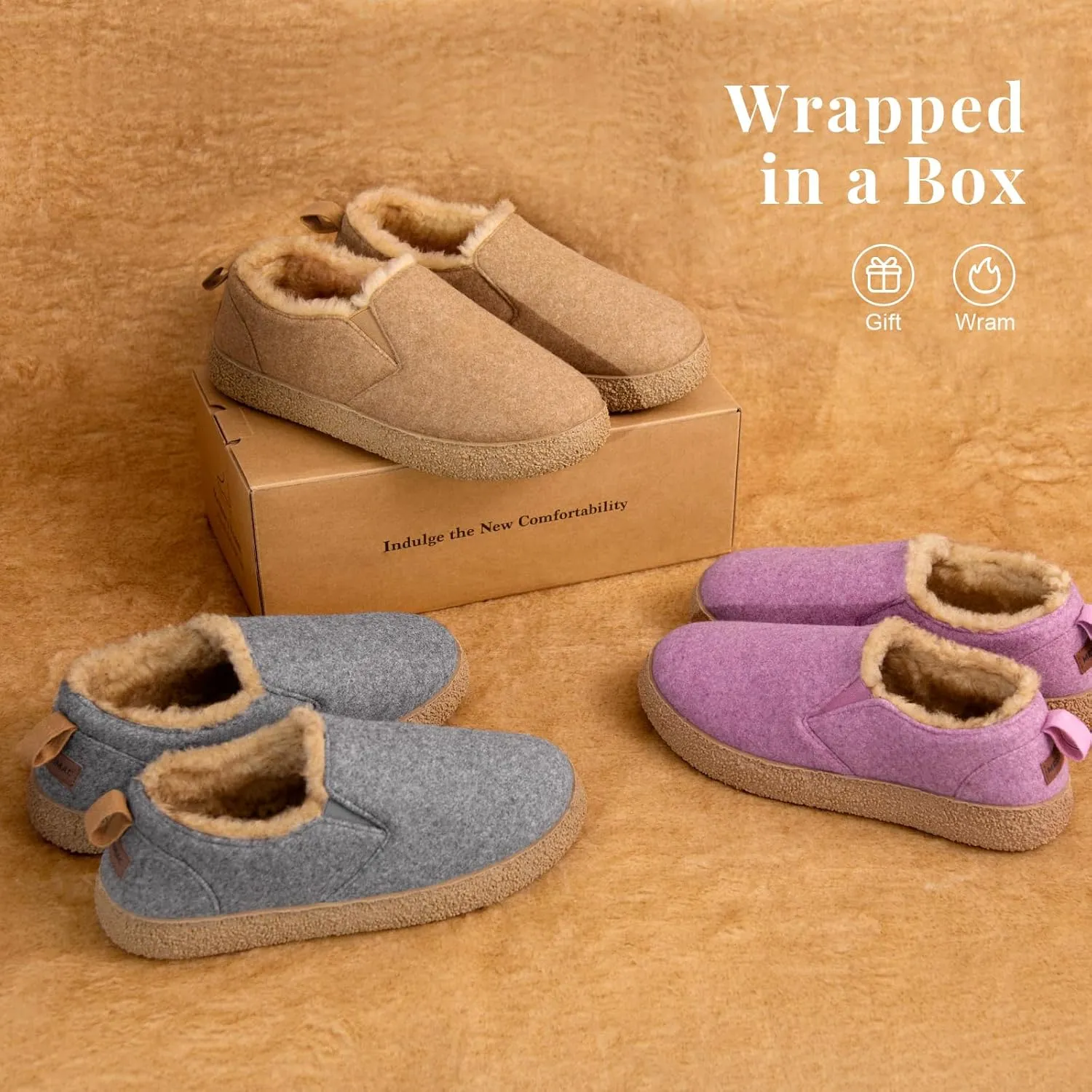 MERRIMAC Women's and Men's Faux Felt Slippers Closed-back Warm Comfy Non-slip Memory Foam Indoor House Shoes with Elastic Gores