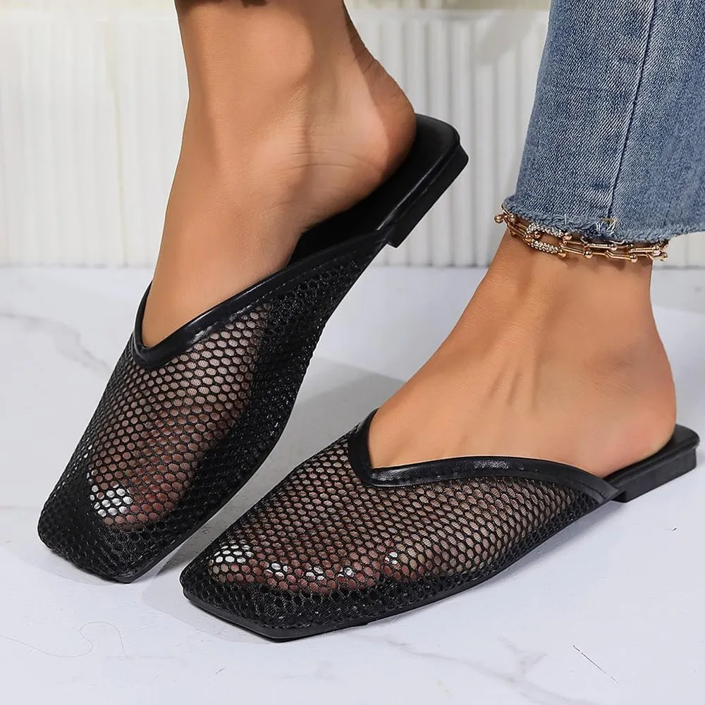 Mesh Flat Slippers for Women, Mesh Slipper for Women, Dressy Slip on for Womens Toe Casual Slingback Flat Mules Women's Fashion Buckle Strap Slide Fishnet Flats Summer Slippers