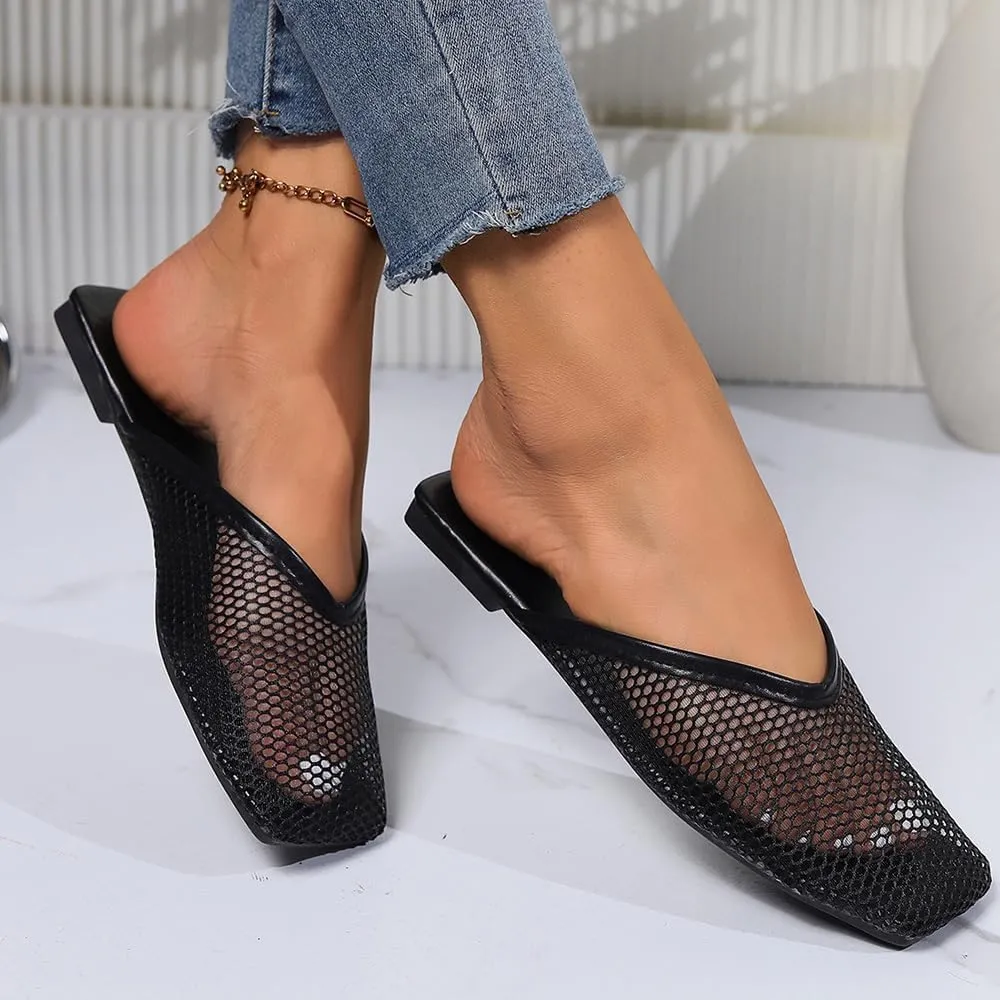 Mesh Flat Slippers for Women, Mesh Slipper for Women, Dressy Slip on for Womens Toe Casual Slingback Flat Mules Women's Fashion Buckle Strap Slide Fishnet Flats Summer Slippers
