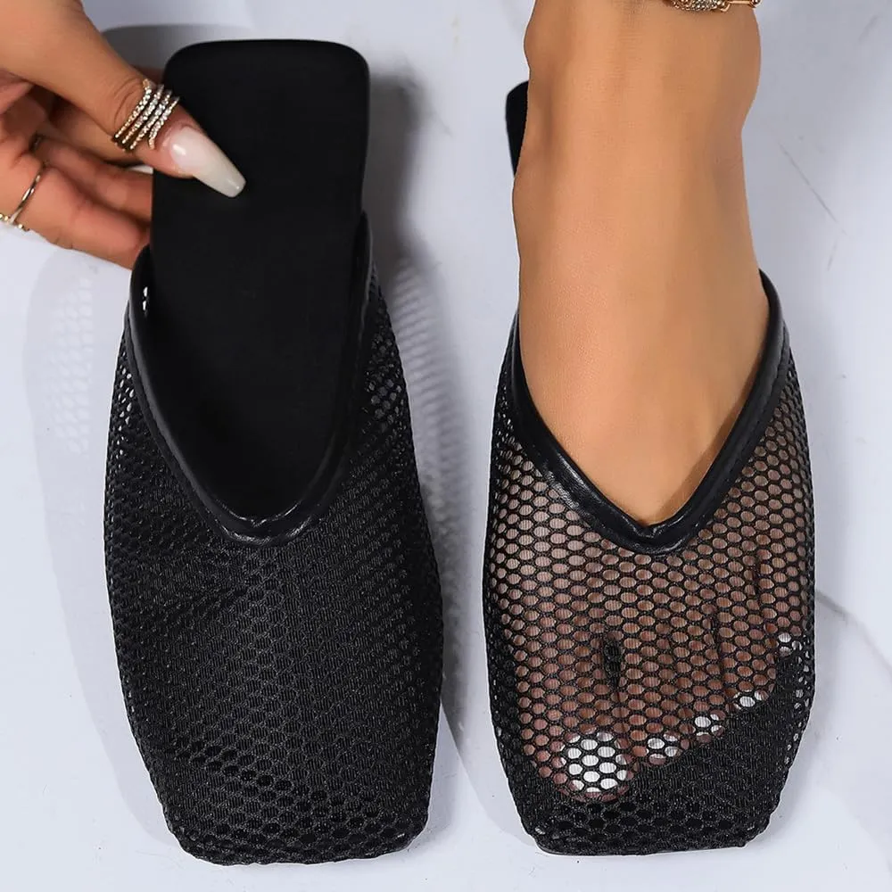 Mesh Flat Slippers for Women, Mesh Slipper for Women, Dressy Slip on for Womens Toe Casual Slingback Flat Mules Women's Fashion Buckle Strap Slide Fishnet Flats Summer Slippers
