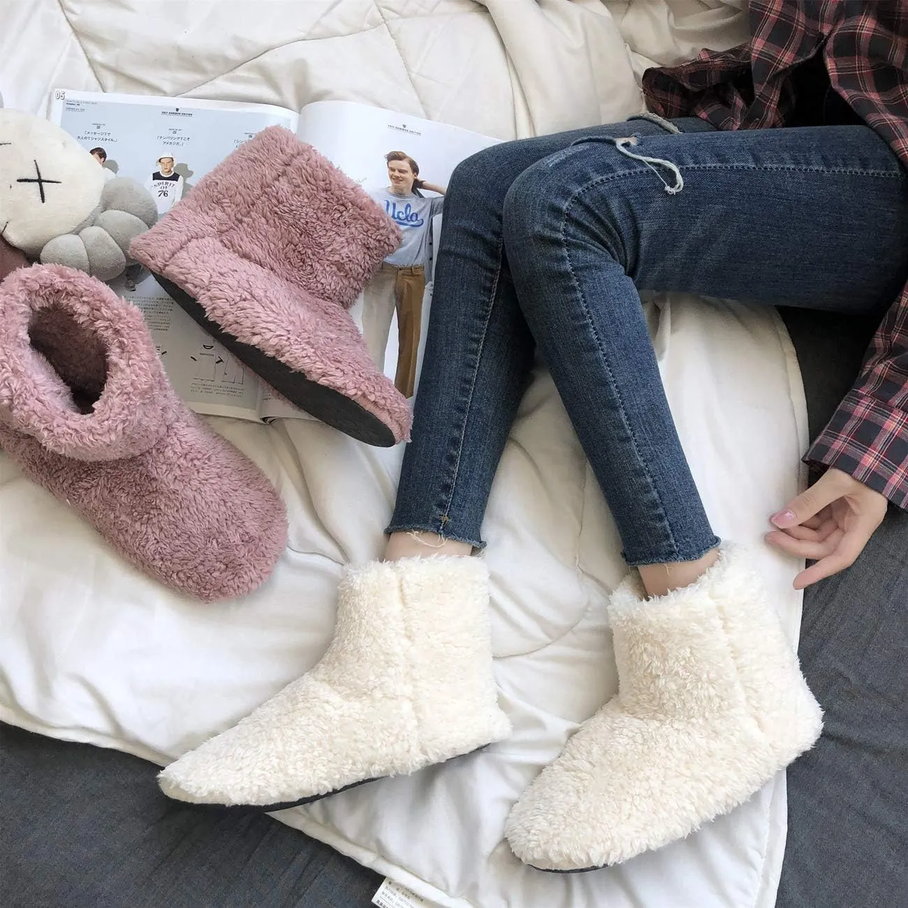 mianshe Women's and Men's Fluffy Bootie Slipper Sock with Memory Foam House Shoes