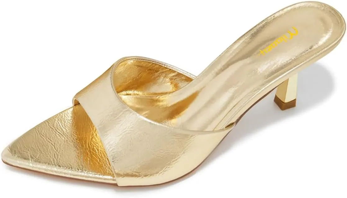 Milooey shoes Women's Comfy Kitten Heel Mules Open Pointed Toe Slide Sandals Cute Backless Slippers Slip On Dress Party Wedding Shoe Size 4-16 US