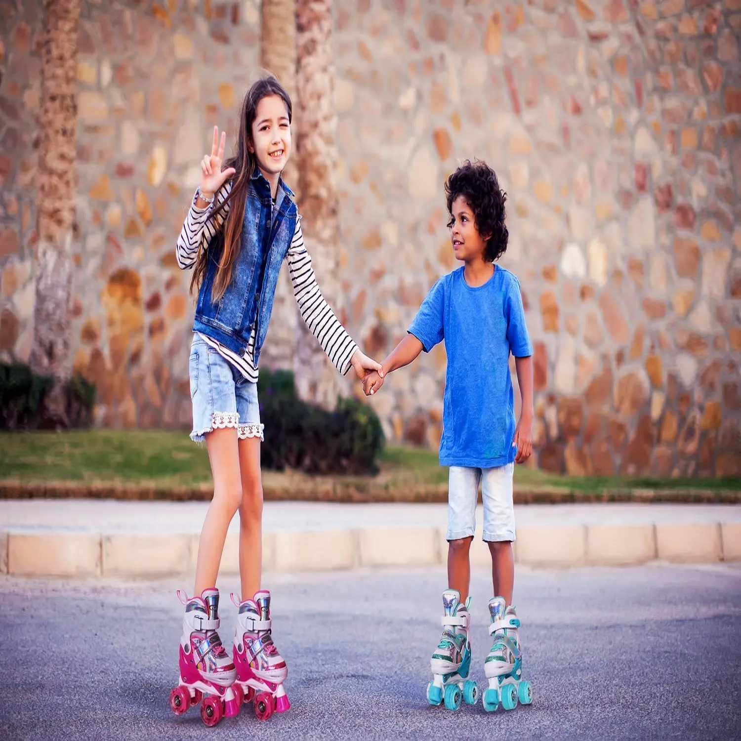 Nattork Girls Roller Skates for Kids, 4 Size Adjustable Rainbow Quad Skates with All Light Up Wheels - Best Birthday Gift for Outdoor Sports