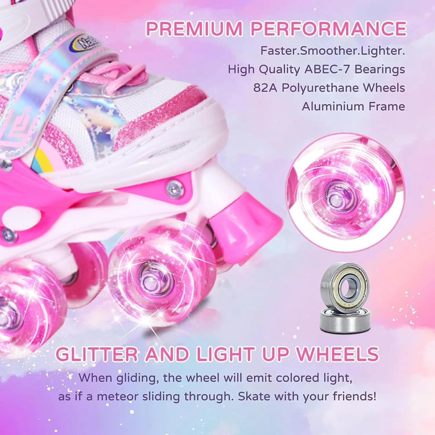 Nattork Girls Roller Skates for Kids, 4 Size Adjustable Rainbow Quad Skates with All Light Up Wheels - Best Birthday Gift for Outdoor Sports