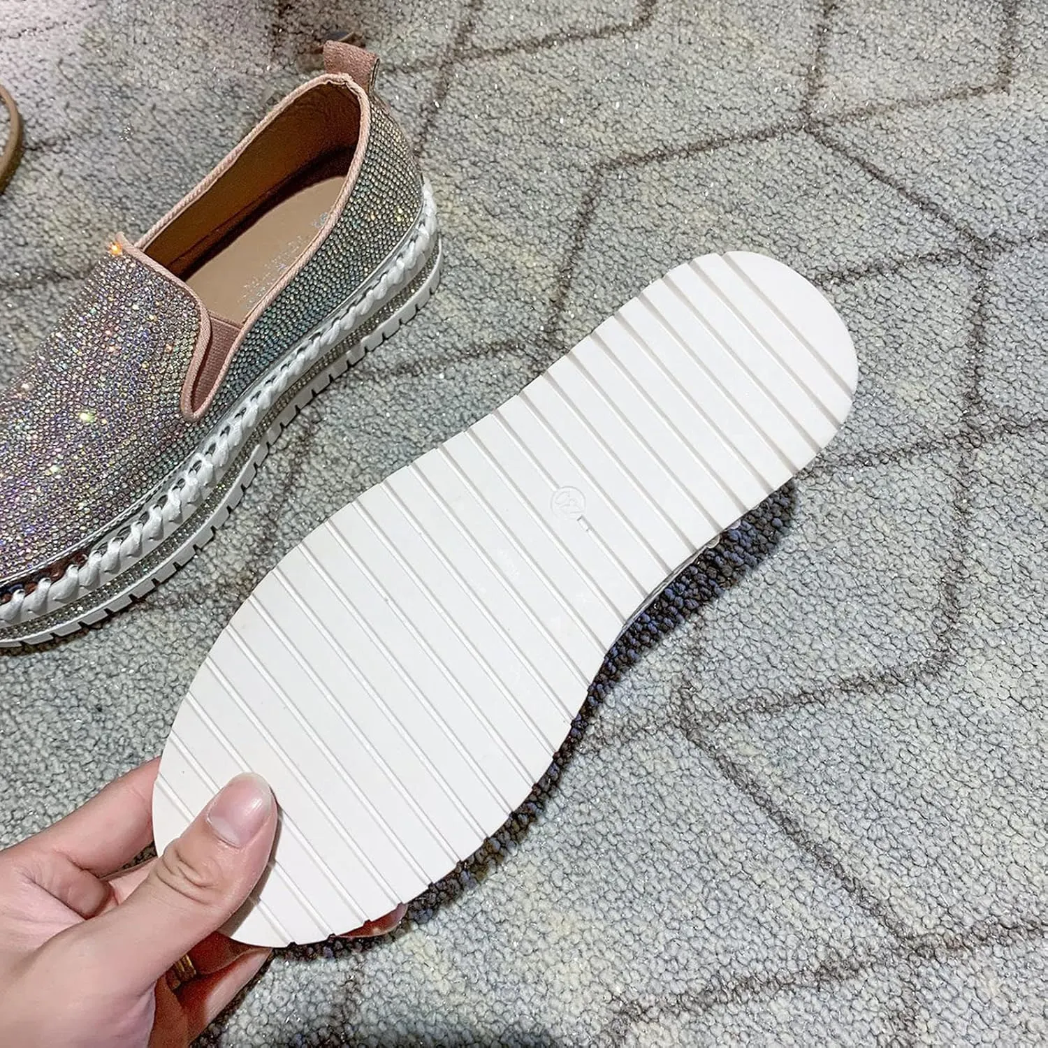 oiangi Rhinestone Platform Loafers for Women Fashion European and American Large Size Flat Shoes Comfrtable Casual Trendy Shoes