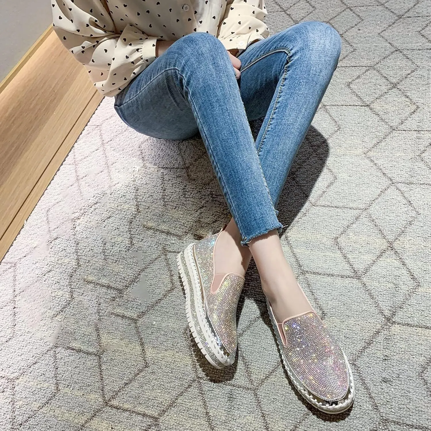 oiangi Rhinestone Platform Loafers for Women Fashion European and American Large Size Flat Shoes Comfrtable Casual Trendy Shoes