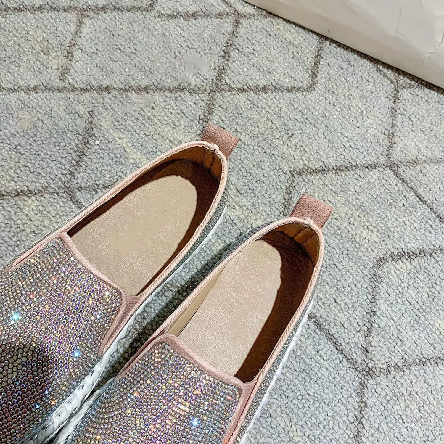 oiangi Rhinestone Platform Loafers for Women Fashion European and American Large Size Flat Shoes Comfrtable Casual Trendy Shoes