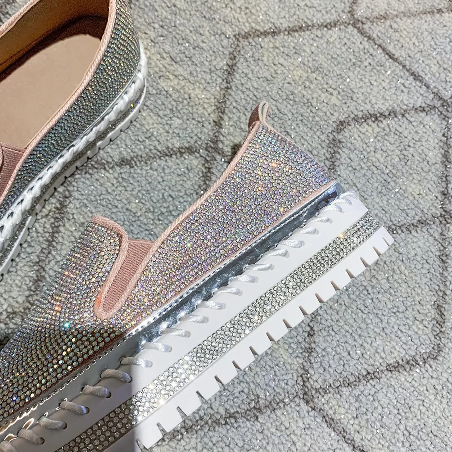 oiangi Rhinestone Platform Loafers for Women Fashion European and American Large Size Flat Shoes Comfrtable Casual Trendy Shoes