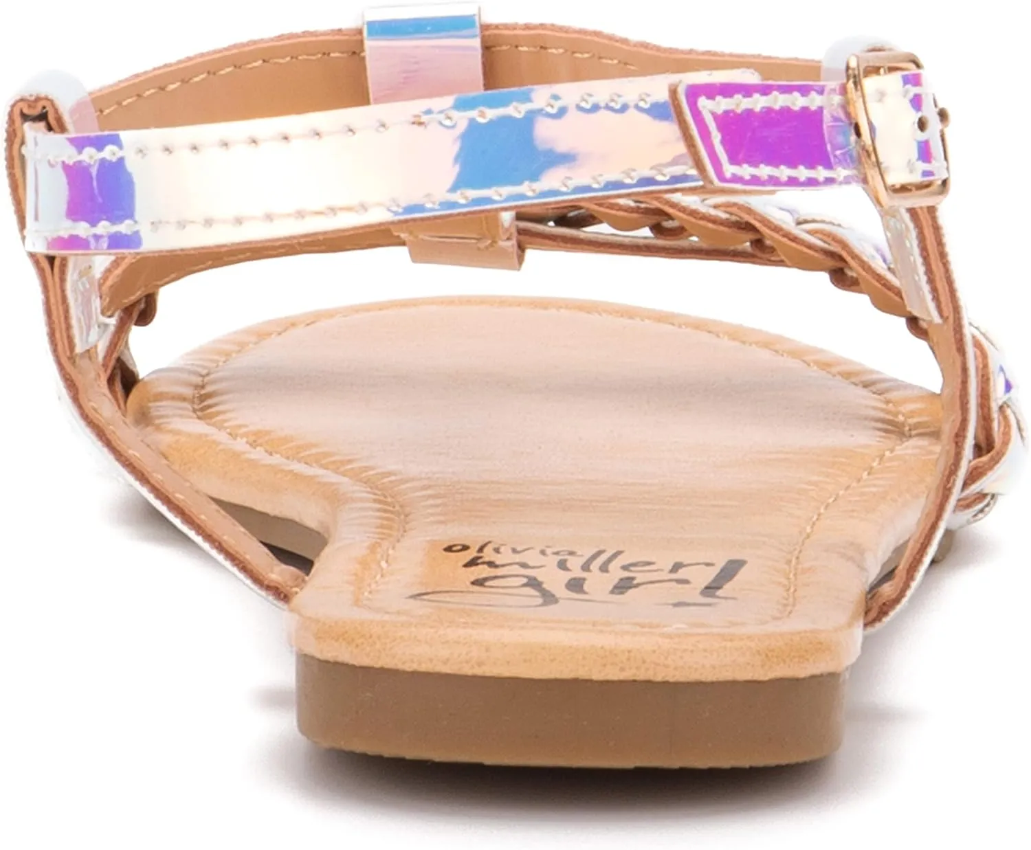 Olivia Miller Kid's Shoes, Comet Silver Iridescent Multiple Straps & Buckle Girls Flat Slide Sandals