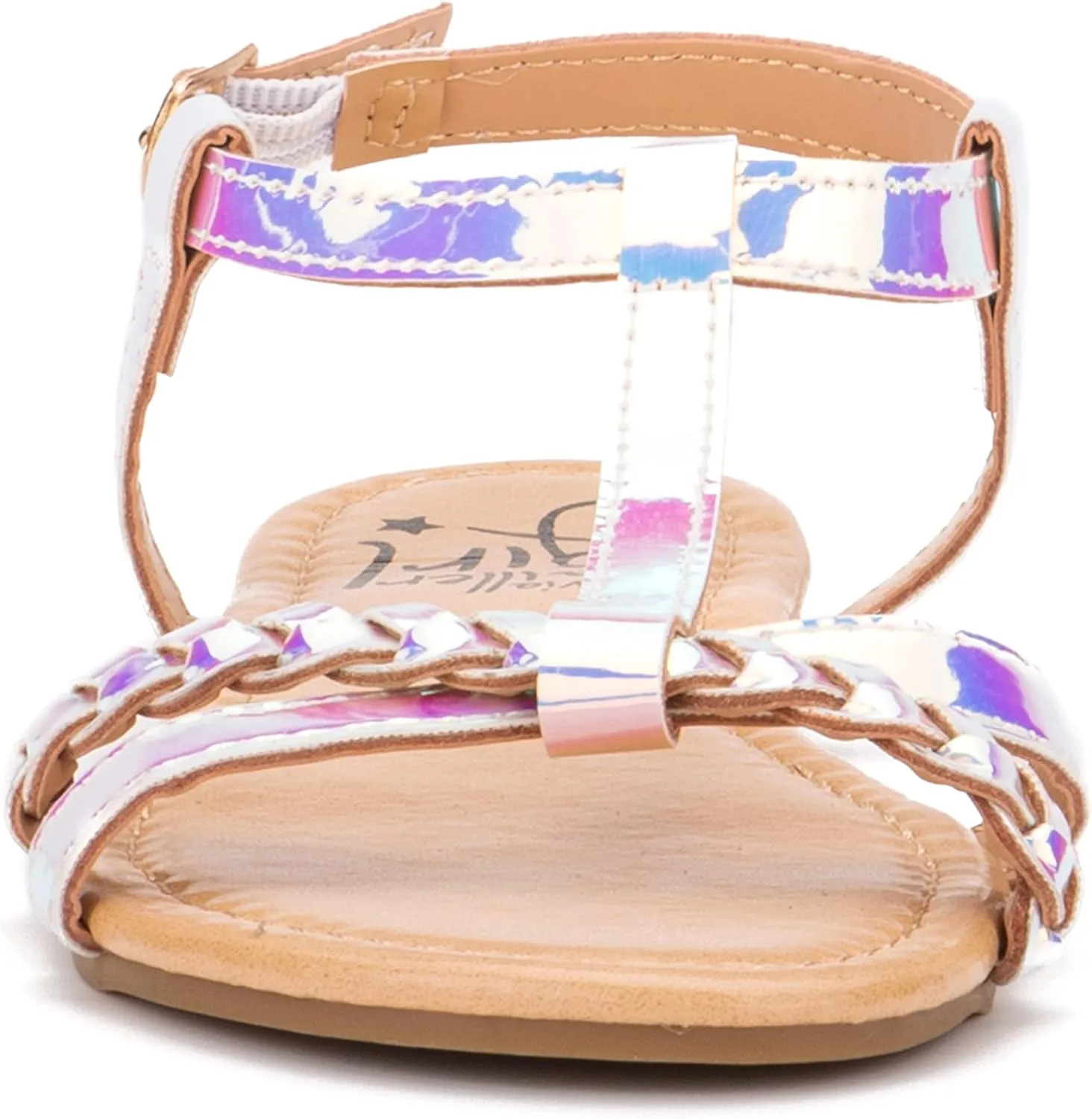 Olivia Miller Kid's Shoes, Comet Silver Iridescent Multiple Straps & Buckle Girls Flat Slide Sandals