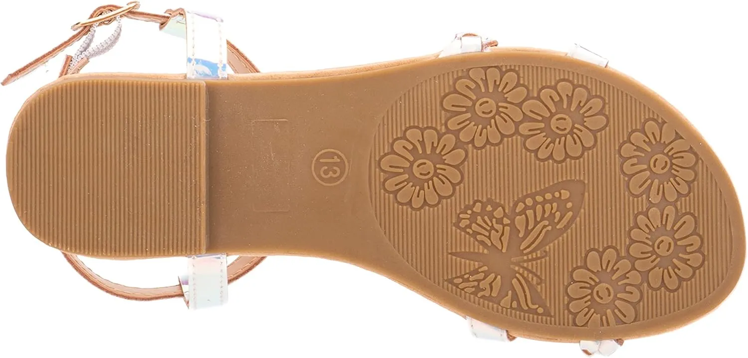 Olivia Miller Kid's Shoes, Comet Silver Iridescent Multiple Straps & Buckle Girls Flat Slide Sandals
