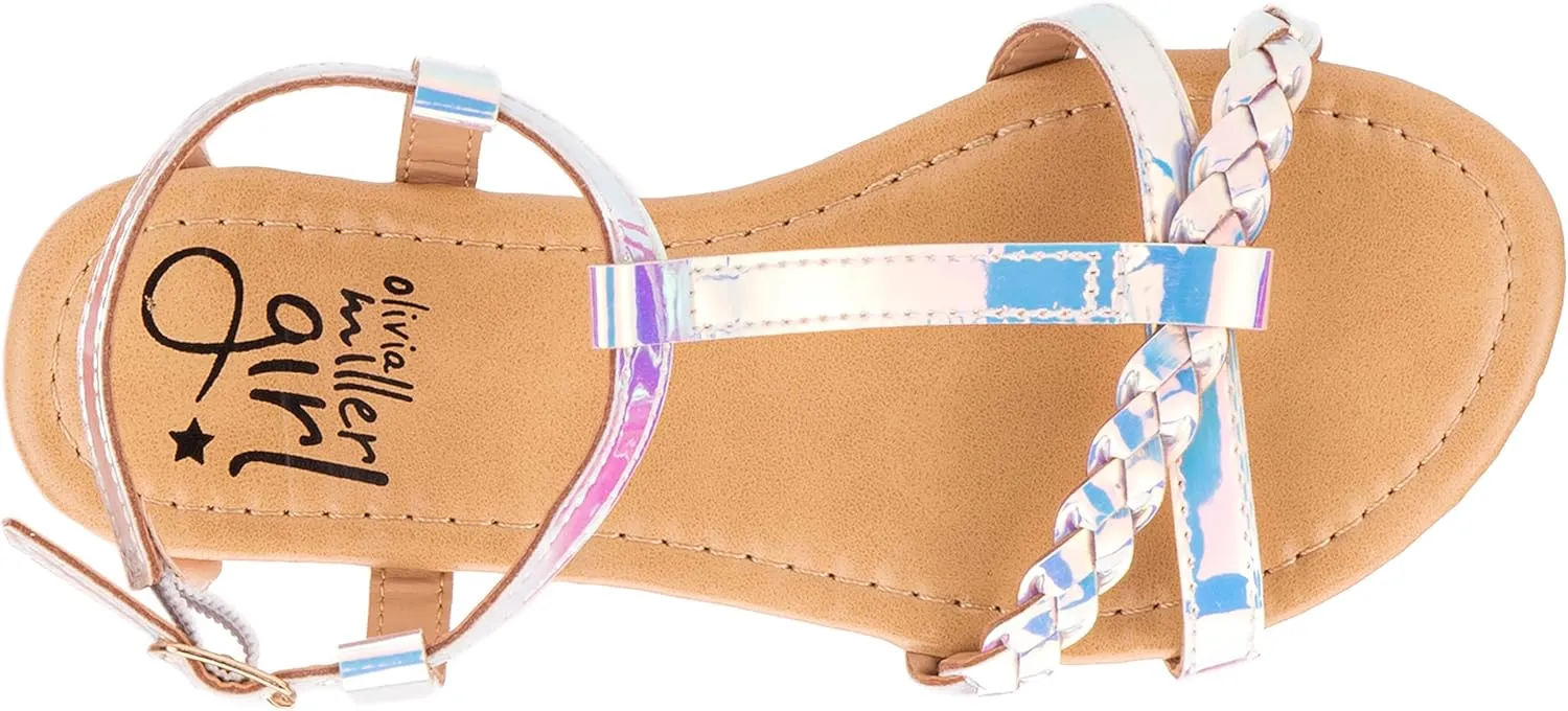 Olivia Miller Kid's Shoes, Comet Silver Iridescent Multiple Straps & Buckle Girls Flat Slide Sandals