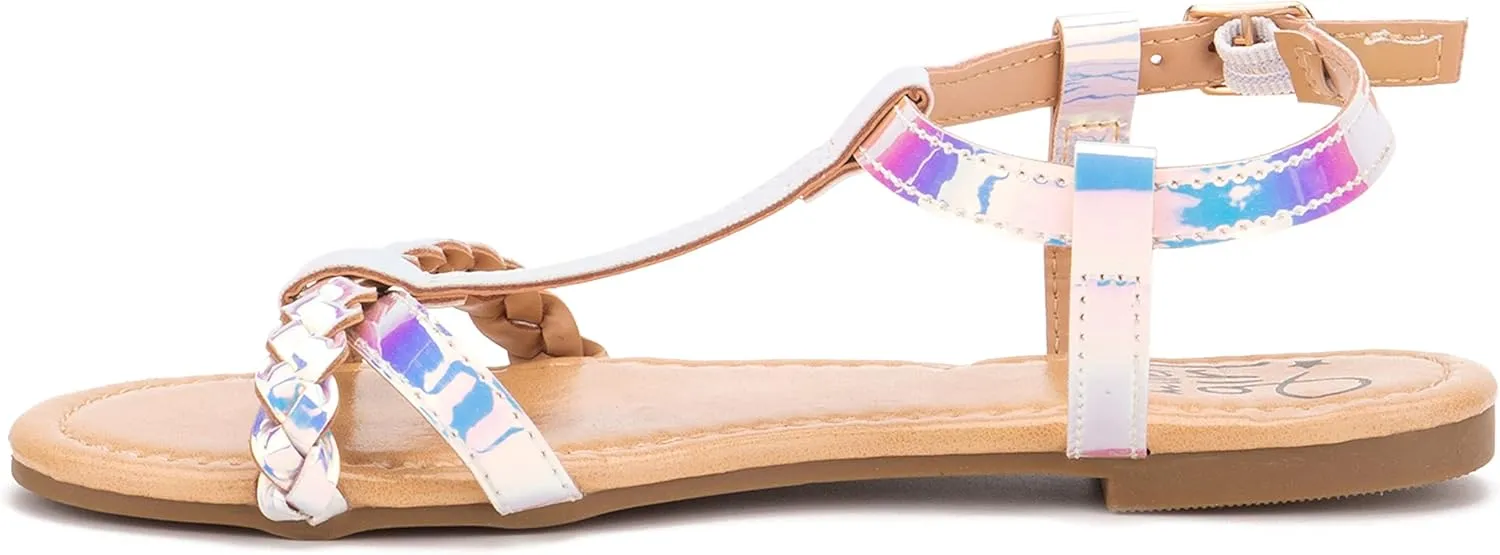 Olivia Miller Kid's Shoes, Comet Silver Iridescent Multiple Straps & Buckle Girls Flat Slide Sandals