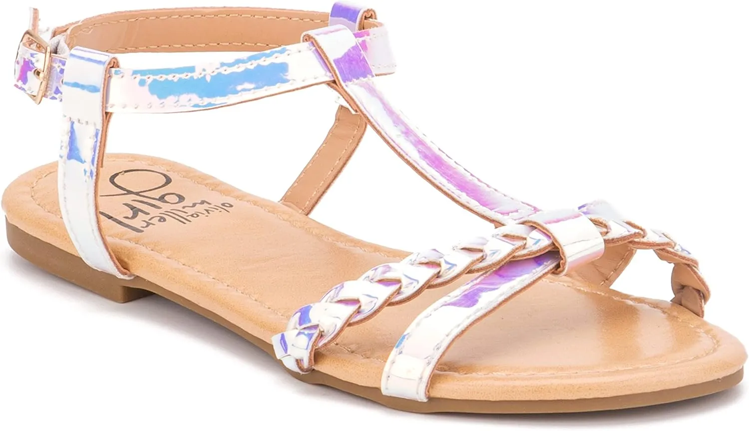 Olivia Miller Kid's Shoes, Comet Silver Iridescent Multiple Straps & Buckle Girls Flat Slide Sandals