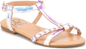 Olivia Miller Kid's Shoes, Comet Silver Iridescent Multiple Straps & Buckle Girls Flat Slide Sandals