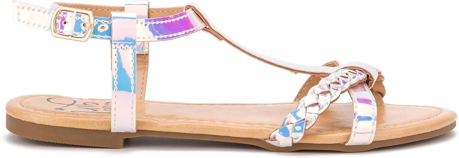 Olivia Miller Kid's Shoes, Comet Silver Iridescent Multiple Straps & Buckle Girls Flat Slide Sandals