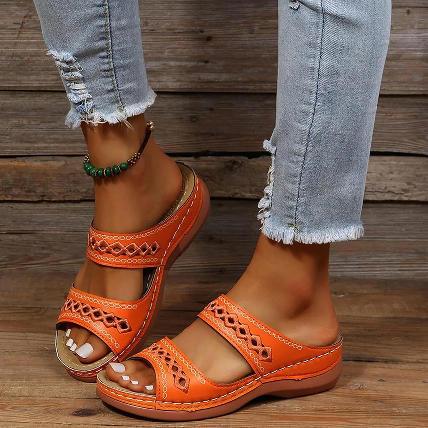 Orthopedic Sandals for Women Embroidered Wedge Perfectchose Arch Support Sandals Non-Slip Breathable Outdoor Walking Shoes Lightweight Memory Foam Platform Shoes