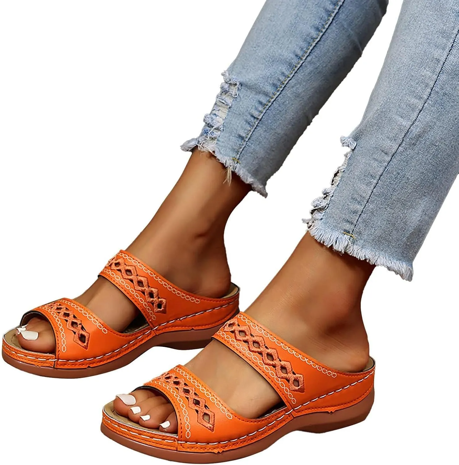 Orthopedic Sandals for Women Embroidered Wedge Perfectchose Arch Support Sandals Non-Slip Breathable Outdoor Walking Shoes Lightweight Memory Foam Platform Shoes