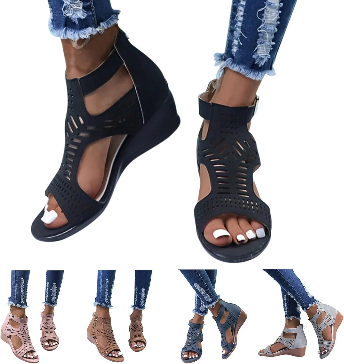 Orthopedic Wedge Sandals for Women Open Toe Walking Sandals Ankle Strap Wide Width Platform Wedge with Arch Support