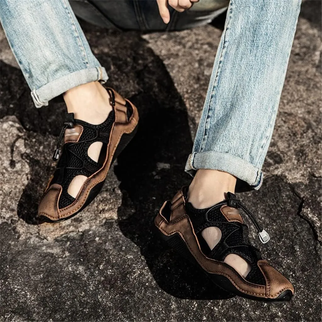 Outdoor Sandals Men Mesh Shoes Big Size Hand Stitched Sandal Flat Male Sandalias Hollow Breathable(Black,44)