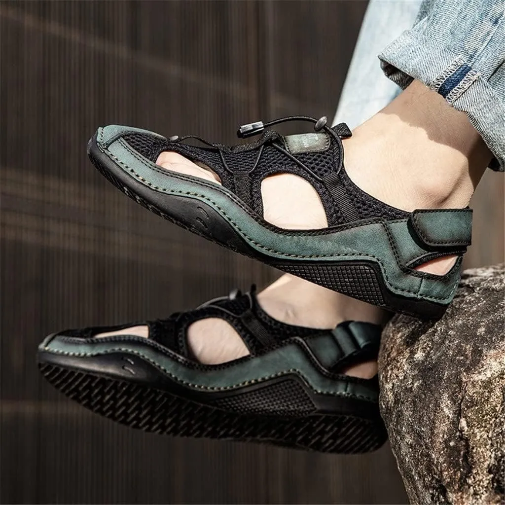 Outdoor Sandals Men Mesh Shoes Big Size Hand Stitched Sandal Flat Male Sandalias Hollow Breathable(Black,44)