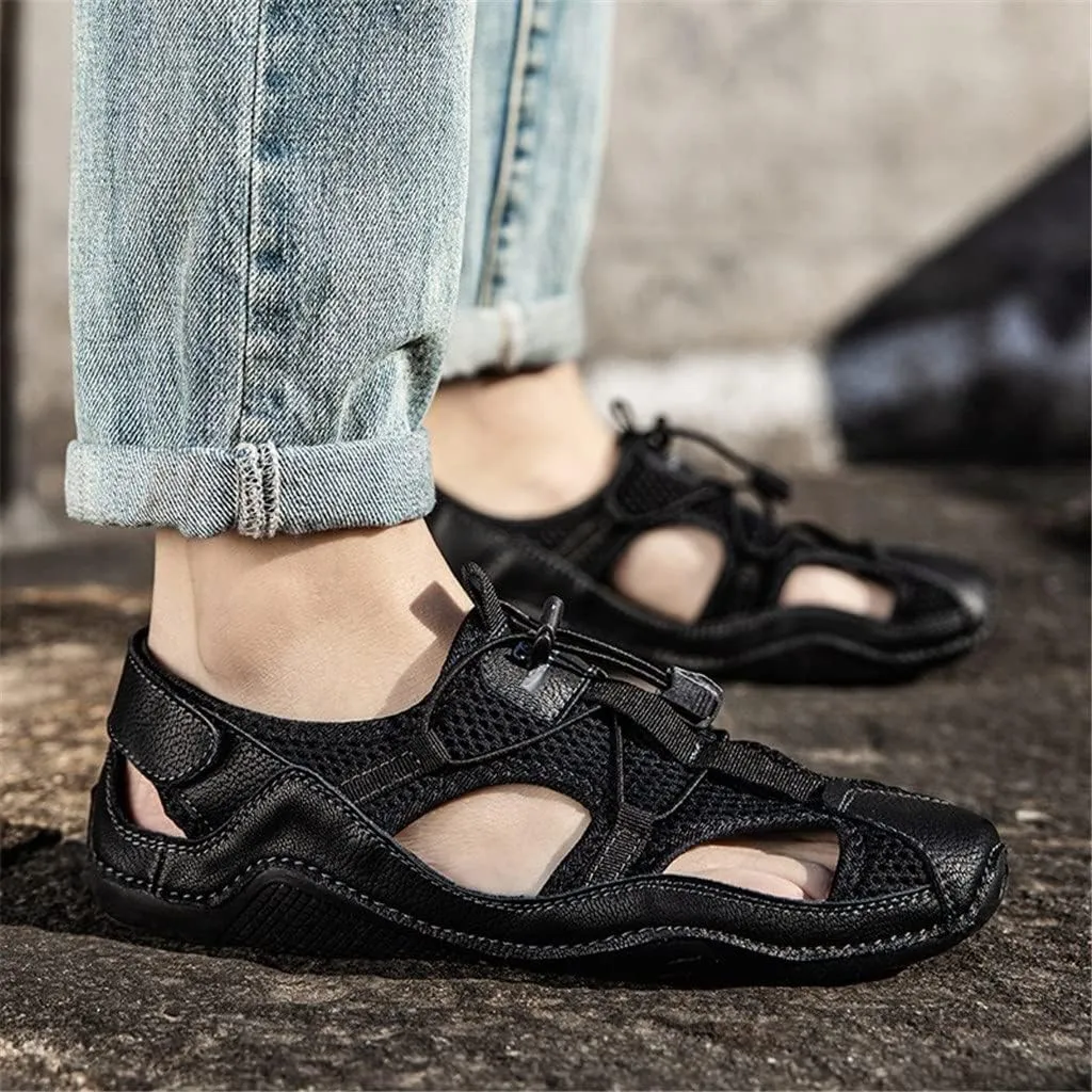 Outdoor Sandals Men Mesh Shoes Big Size Hand Stitched Sandal Flat Male Sandalias Hollow Breathable(Black,44)