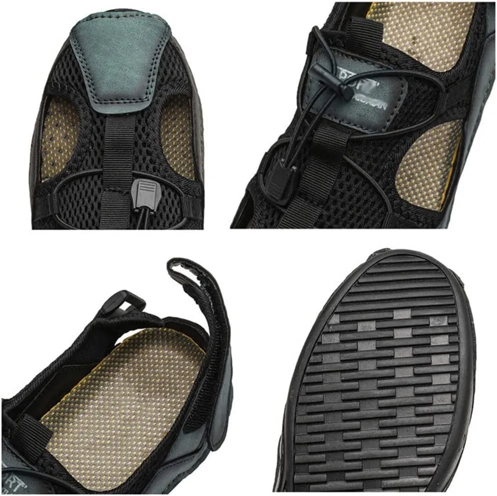 Outdoor Sandals Men Mesh Shoes Big Size Hand Stitched Sandal Flat Male Sandalias Hollow Breathable(Black,44)