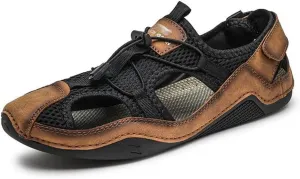 Outdoor Sandals Men Mesh Shoes Big Size Hand Stitched Sandal Flat Male Sandalias Hollow Breathable(Black,44)