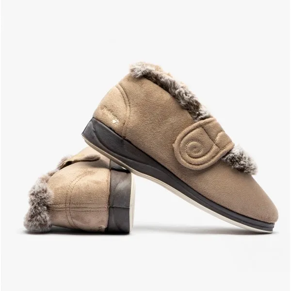 Padders HUSH Womens (EE Fit) Touch Fasten Boot Slippers Taupe Combi