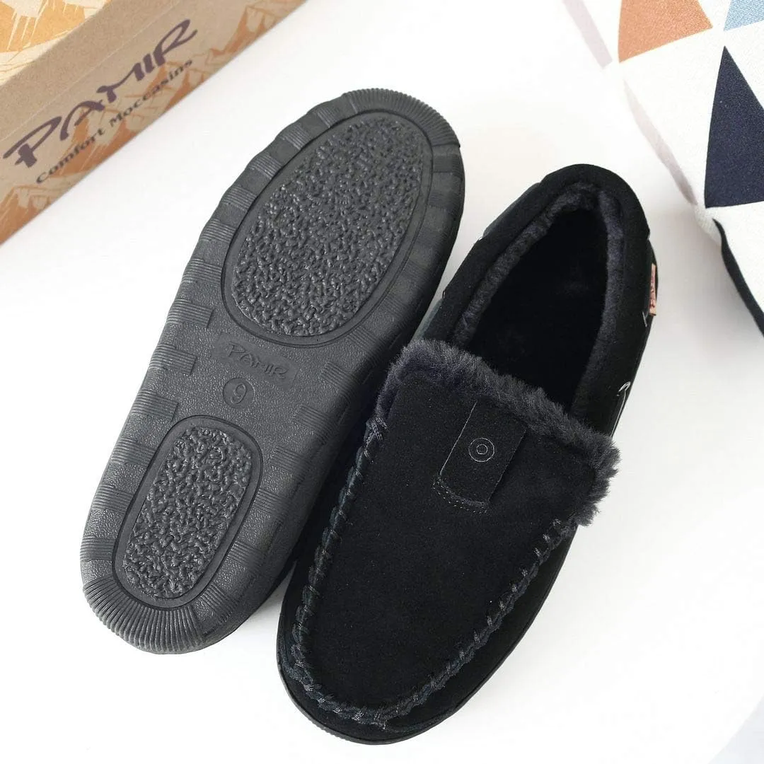 PAMIR Men's Genuine Suede Faux Fur Moccasin Slippers Indoor Outdoor Loafer Shoes