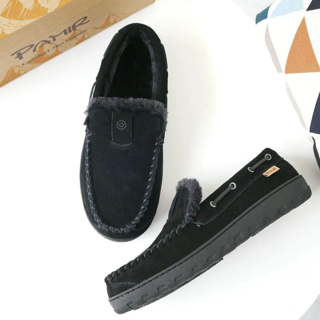 PAMIR Men's Genuine Suede Faux Fur Moccasin Slippers Indoor Outdoor Loafer Shoes