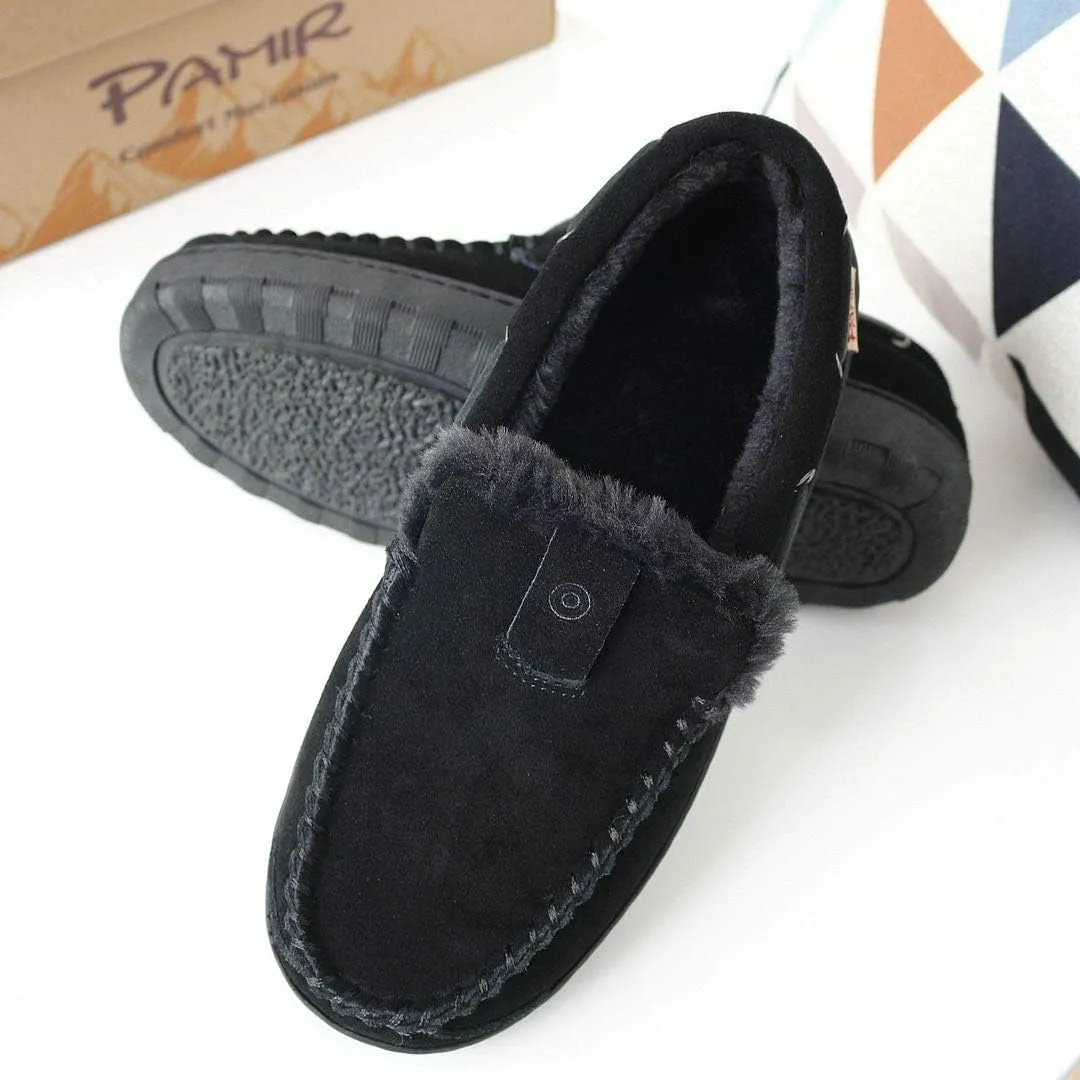 PAMIR Men's Genuine Suede Faux Fur Moccasin Slippers Indoor Outdoor Loafer Shoes