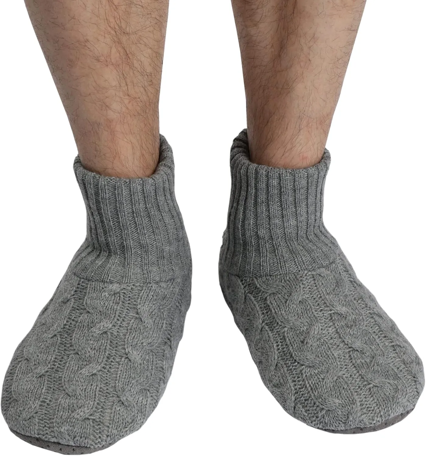 Panda Bros Men's Slipper Socks, Winter Cable Knit Non-Skid Warm Cozy Soft Indoor Socks With Fluffy Sherpa Lined