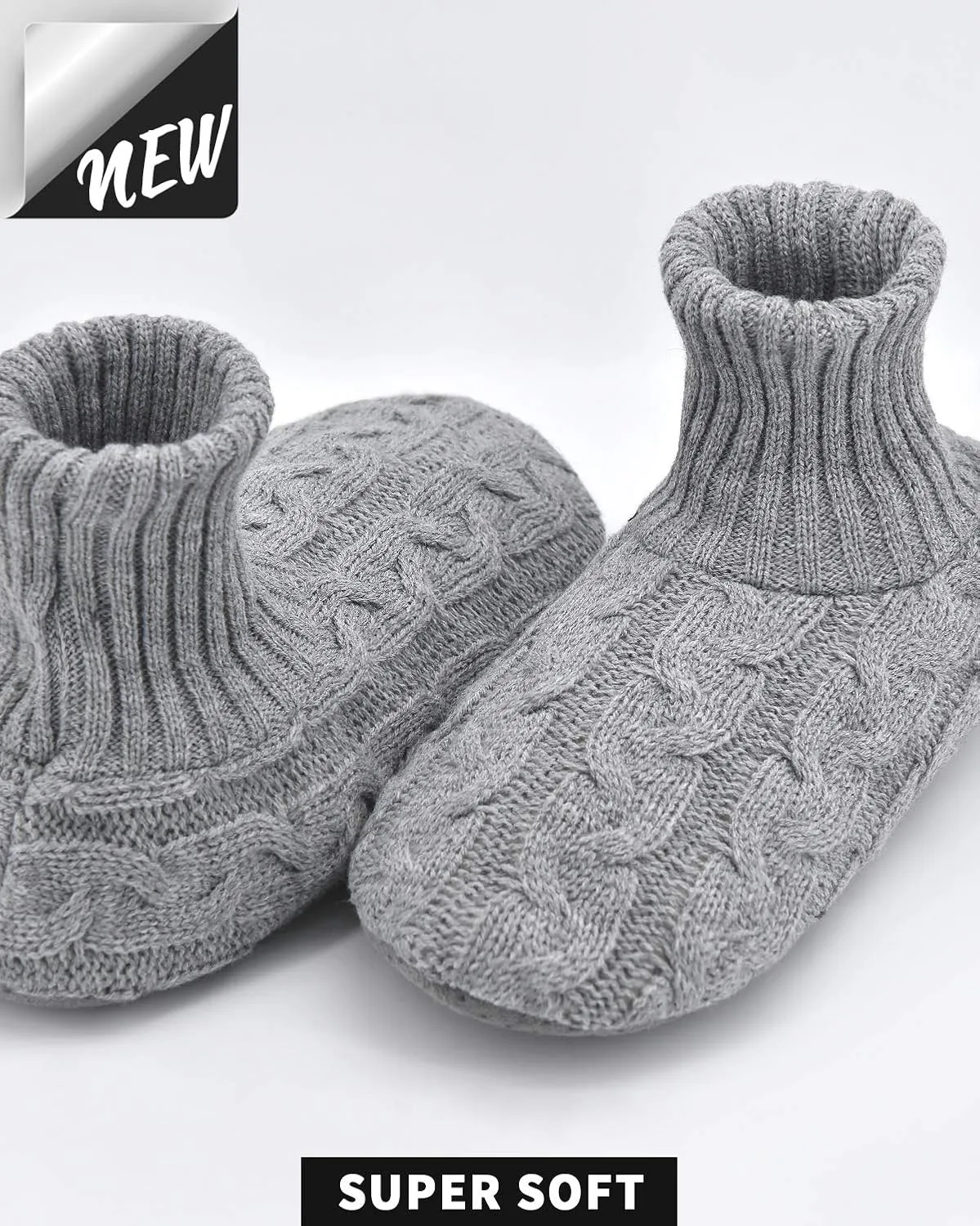 Panda Bros Men's Slipper Socks, Winter Cable Knit Non-Skid Warm Cozy Soft Indoor Socks With Fluffy Sherpa Lined