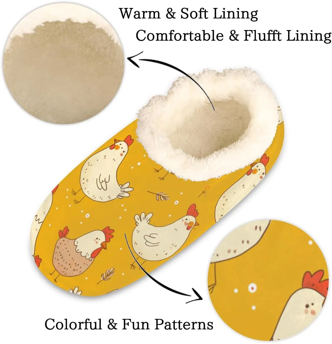 Pardick Cute Rooster Hen Women's Slippers, Funny Chicken Yellow Non-Slip House Slipper Socks, Plush Lined Slippers Shoes for Boys Girls Teens Indoor Bedroom