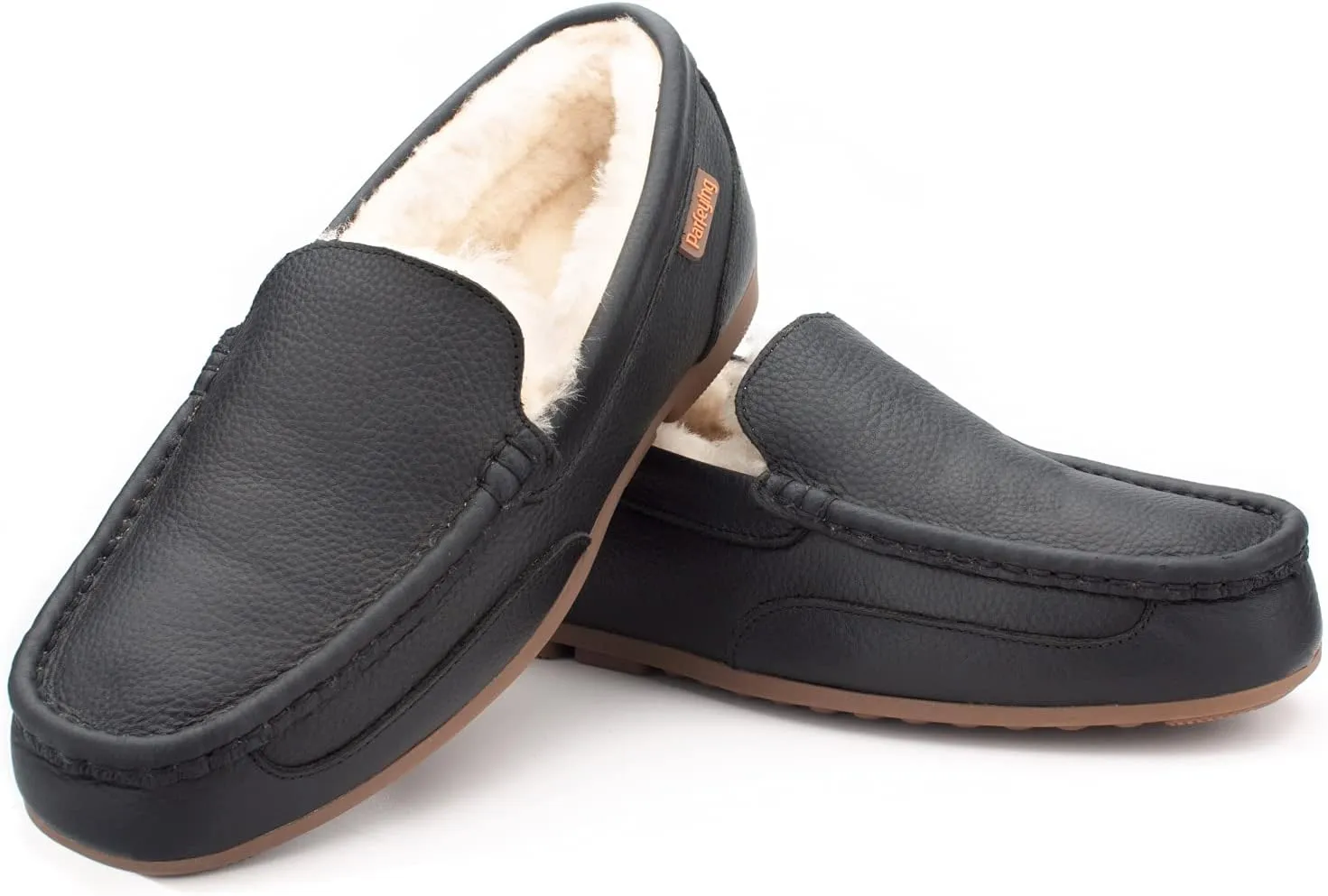 Parfeying Men's Indoor Outdoor Sheepskin Moccasins Slippers Memory Foam Driving Style Shoes