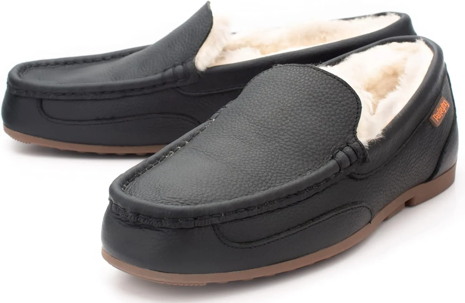 Parfeying Men's Indoor Outdoor Sheepskin Moccasins Slippers Memory Foam Driving Style Shoes