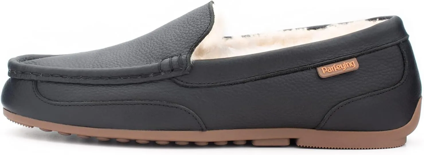 Parfeying Men's Indoor Outdoor Sheepskin Moccasins Slippers Memory Foam Driving Style Shoes