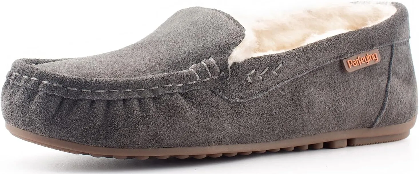 Parfeying Women's Sheepskin Moccasin Slippers Cow Suede Memory Foam Driving Style Loafers