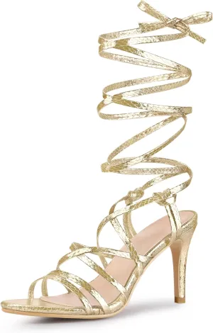 Perphy Snakeskin Print Strappy Lace Up Heeled Over 3 Inch Stiletto Heels Gladiator Sandals for Women