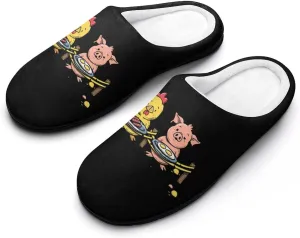 Piggy and Chicken Funny Food Men's Cotton Slippers Memory Foam Washable Shoes in Outdoor and Indoor