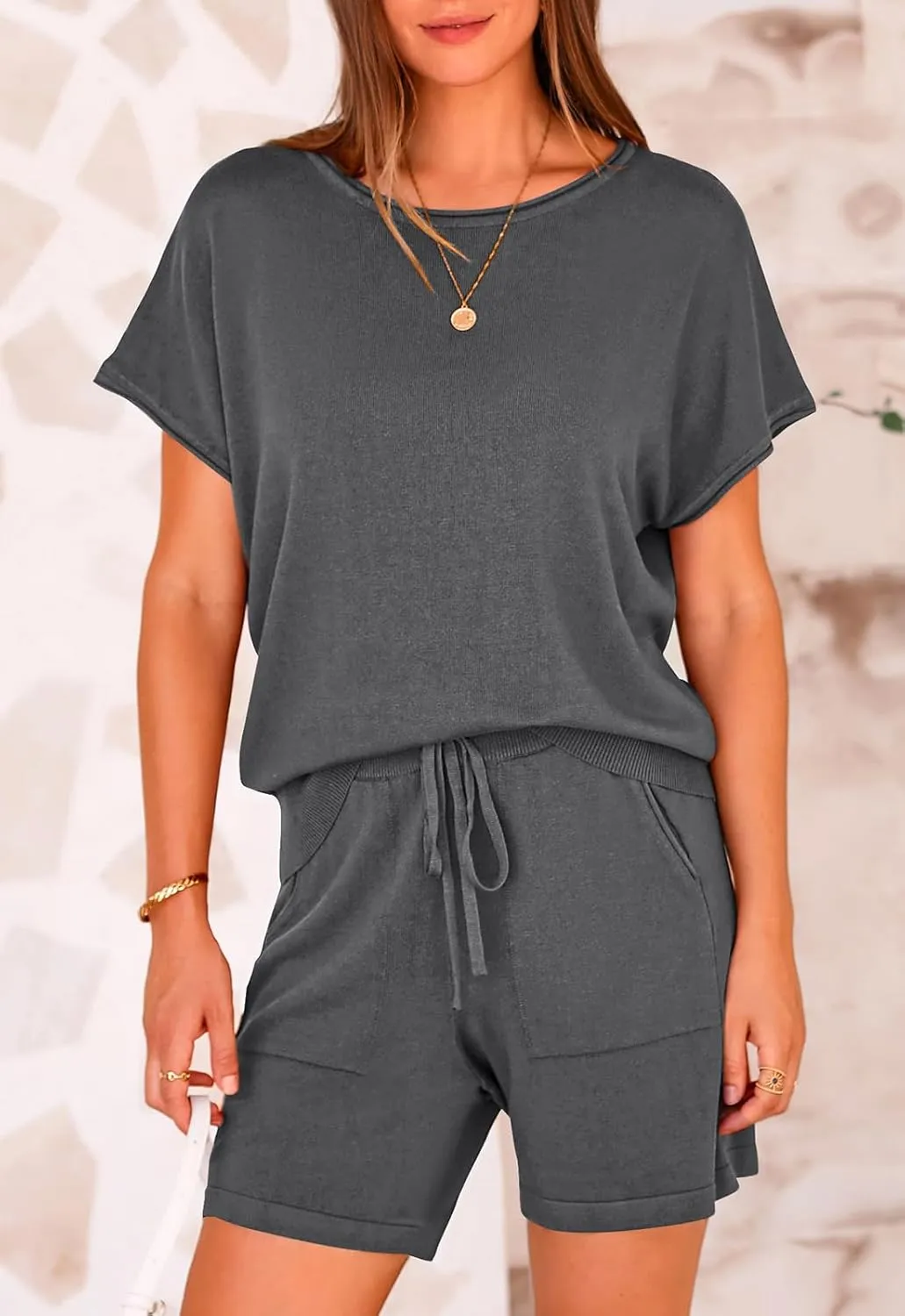 PRETTYGARDEN Two Piece Set For Women Summer Lounge Sets Shorts And Short Sleeve Tops Knitted Matching Travel Spring Outfits