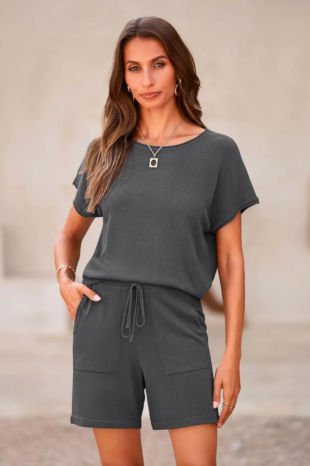 PRETTYGARDEN Two Piece Set For Women Summer Lounge Sets Shorts And Short Sleeve Tops Knitted Matching Travel Spring Outfits
