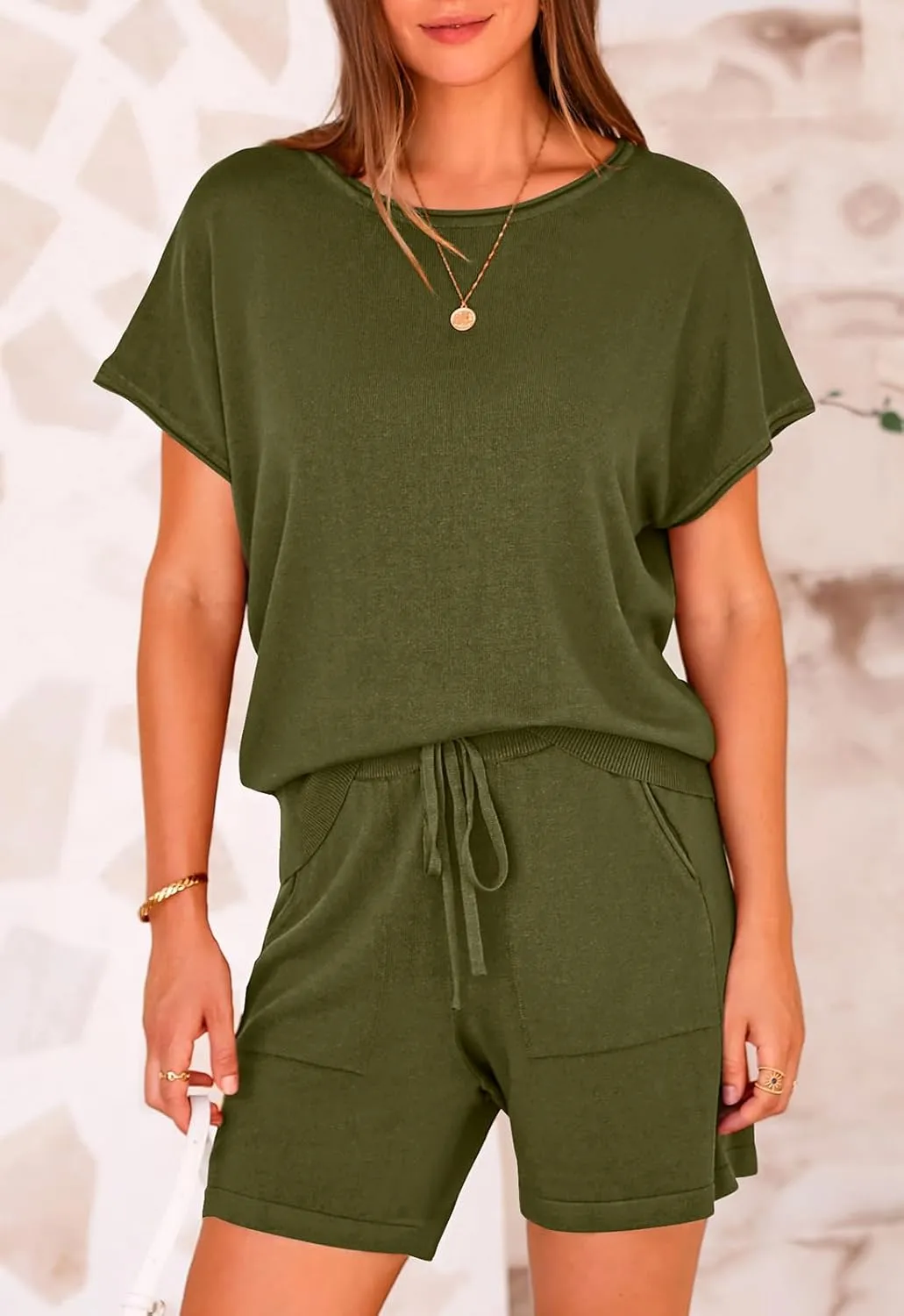 PRETTYGARDEN Two Piece Set For Women Summer Lounge Sets Shorts And Short Sleeve Tops Knitted Matching Travel Spring Outfits