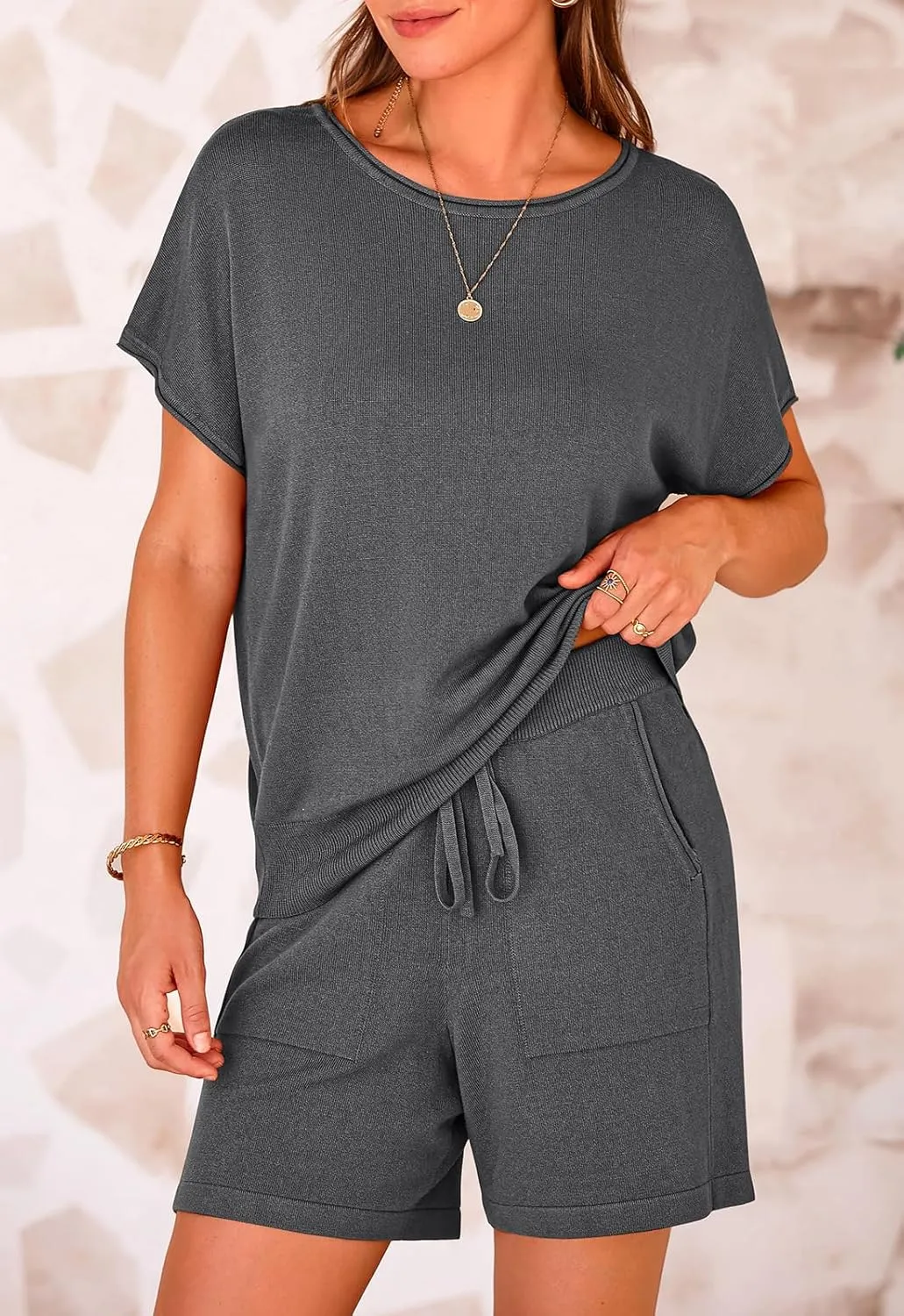 PRETTYGARDEN Two Piece Set For Women Summer Lounge Sets Shorts And Short Sleeve Tops Knitted Matching Travel Spring Outfits