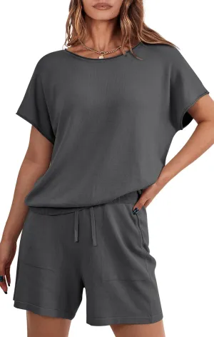 PRETTYGARDEN Two Piece Set For Women Summer Lounge Sets Shorts And Short Sleeve Tops Knitted Matching Travel Spring Outfits