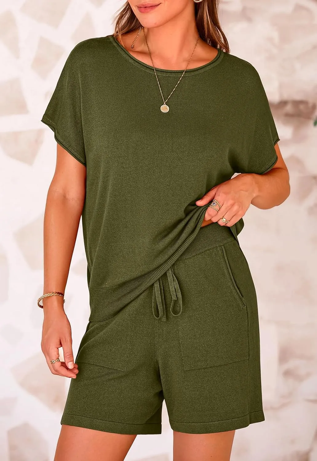 PRETTYGARDEN Two Piece Set For Women Summer Lounge Sets Shorts And Short Sleeve Tops Knitted Matching Travel Spring Outfits