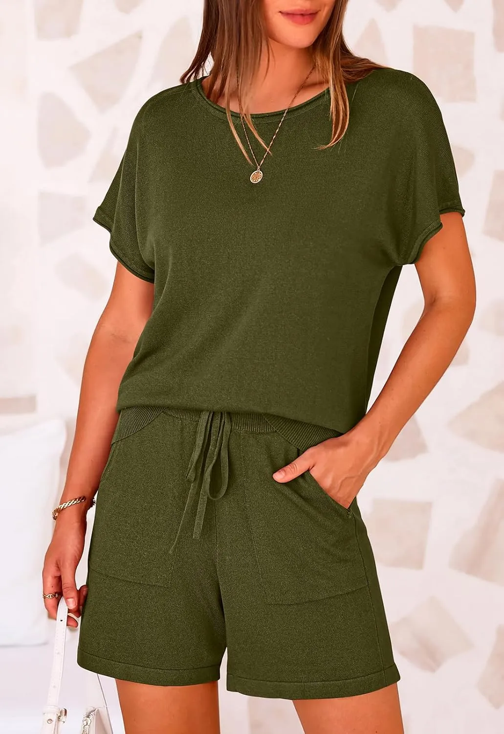 PRETTYGARDEN Two Piece Set For Women Summer Lounge Sets Shorts And Short Sleeve Tops Knitted Matching Travel Spring Outfits